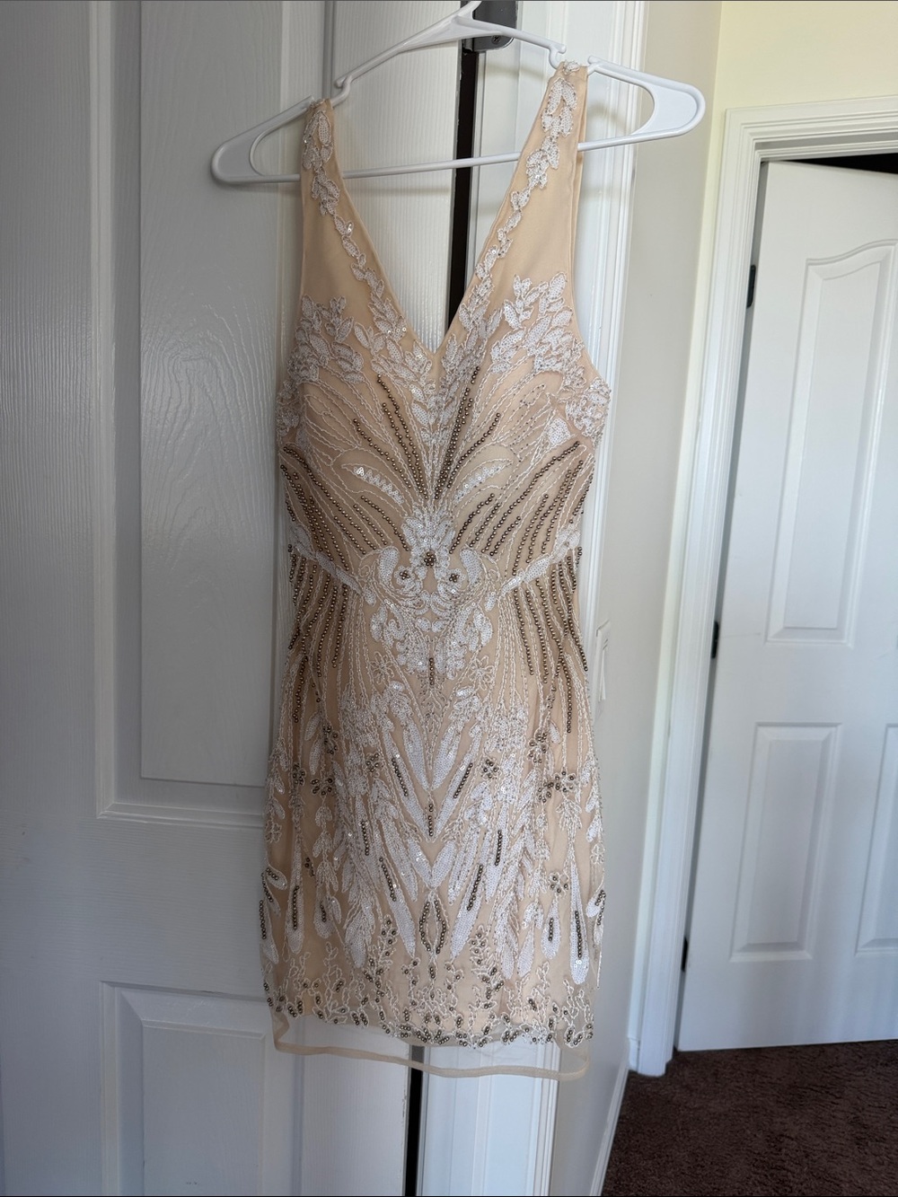 Minuet Elegant Beaded V-Neck Women's Dress in Nude